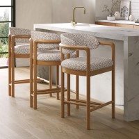 Set of 3 Beige Printed Upholstered Kitchen Stools with Solid Wood Exposed Back - Darla