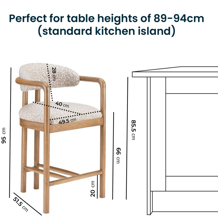 Beige Printed Upholstered Kitchen Stool with Solid Wood Exposed Back - Darla