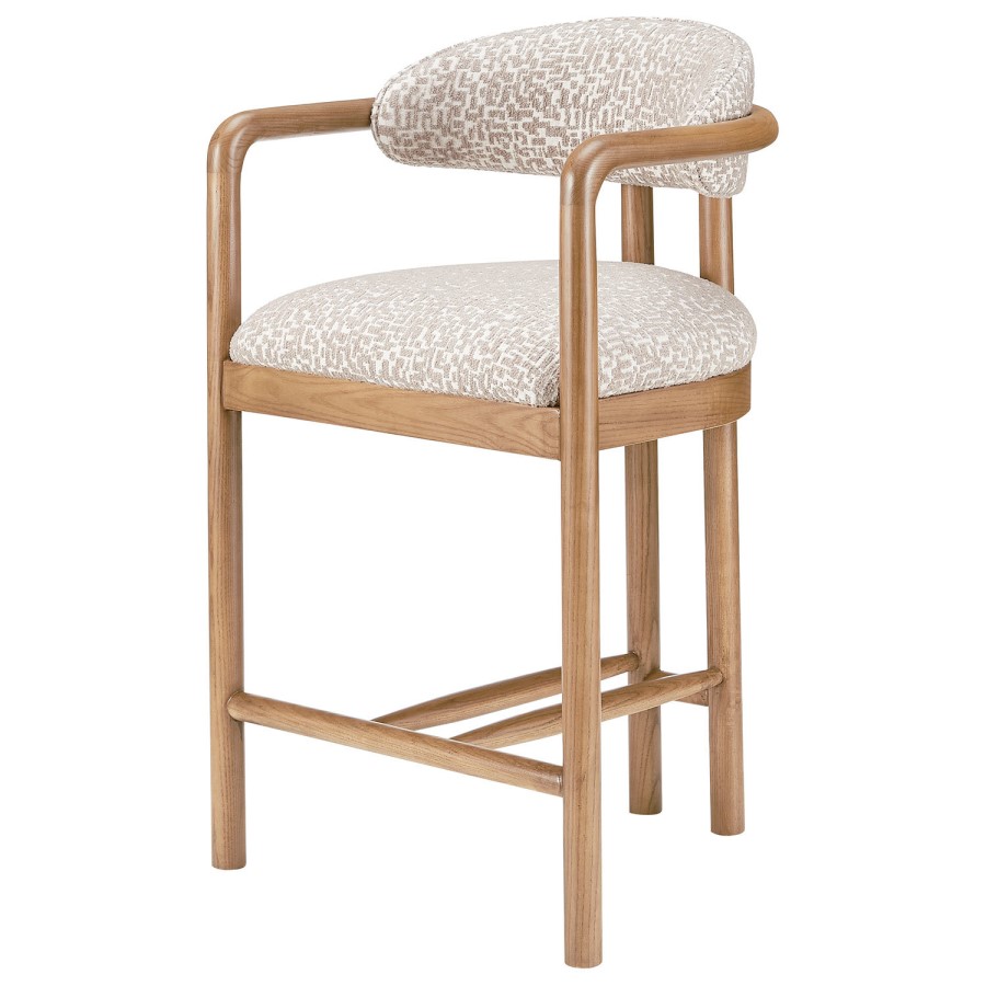 Beige Printed Upholstered Kitchen Stool with Solid Wood Exposed Back - Darla