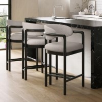 Set of 3 Cream Textured Fabric Kitchen Stools with Black Solid Wood Legs - Darla