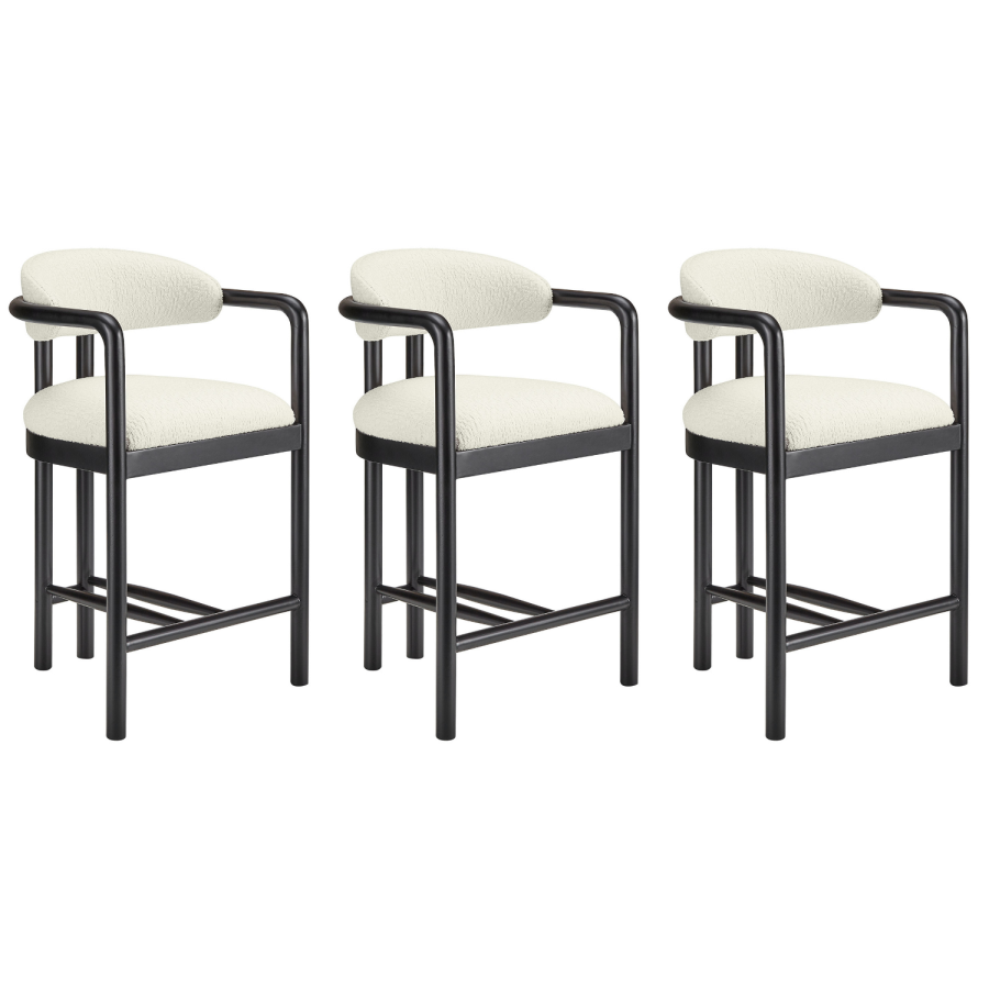 Set of 3 Cream Textured Fabric Kitchen Stools with Black Solid Wood Legs - Darla