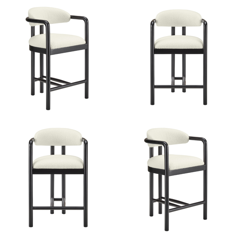 Set of 4 Cream Textured Fabric Kitchen Stools with Black Solid Wood Legs - Darla