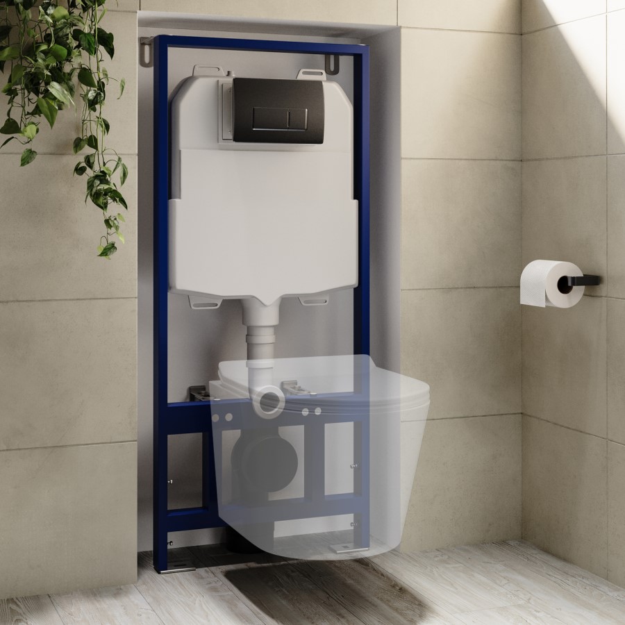 1168mm Wall Hung Toilet Frame with Gunmetal Pneumatic Dual Flush Plate & Concealed Cistern - Elira