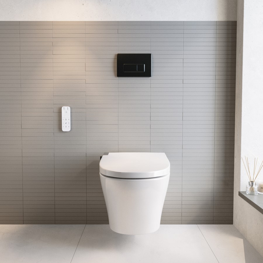 Wall Hung Smart Bidet Toilet with Heated Seat & Gunmtal Pneumatic Flush Plate, 1168mm Frame & Cistern - Purificare
