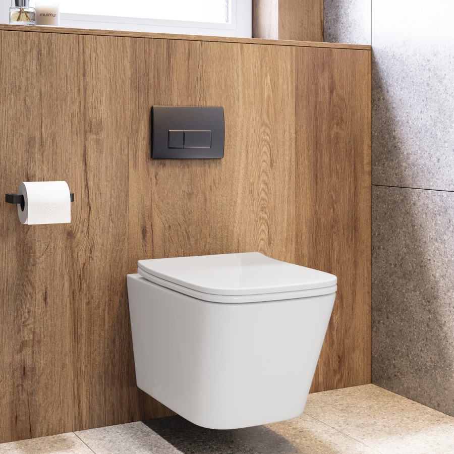 Wall Hung Toilet with Soft Close Seat, Gunmetal Flush Plate, 820mm Frame & Cistern - Albi