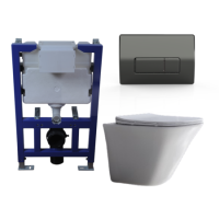 Wall Hung Toilet with Soft Close Toilet Seat, Gunmetal Pneumatic Flush Plate, 1168mm Frame & Cistern - Boston