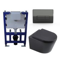 Matt Black Wall Hung Toilet with Soft Close Toilet Seat, Gunmetal Pneumatic Flush Plate, 820mm Frame & Cistern - Newport