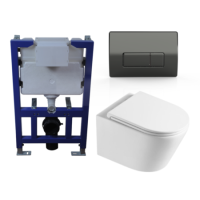 Matt White Wall Hung Toilet with Soft Close Toilet Seat, Gunmetal Pneumatic Flush Plate, 820mm Frame & Cistern - Newport