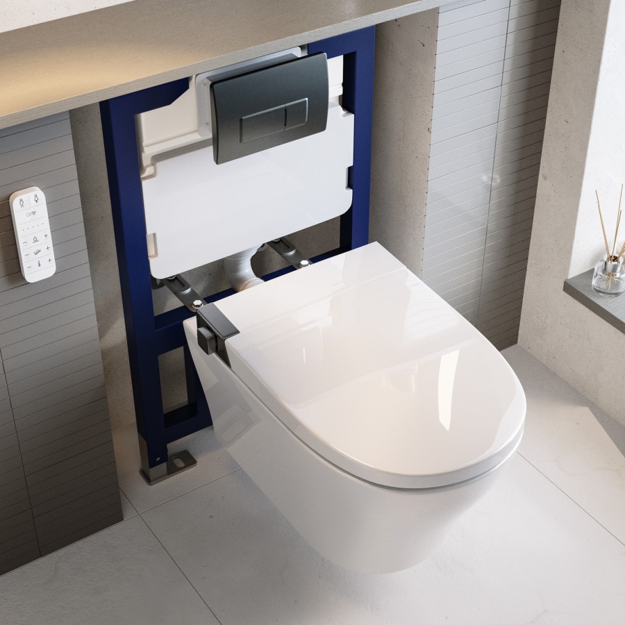 Wall Hung Smart Bidet Japanese Toilet with Heated Seat & Gunmtal Pneumatic Flush Plate, 820mm Frame & Cistern - Purificare