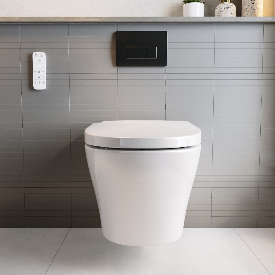 Wall Hung Smart Bidet Japanese Toilet with Heated Seat & Gunmtal Pneumatic Flush Plate, 820mm Frame & Cistern - Purificare
