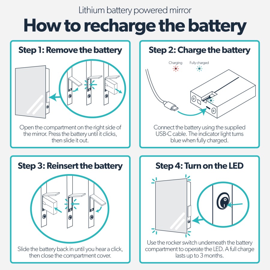 Rectangular Backlit Bathroom Mirror with Battery Operated Lights 500 x 700mm - Elio