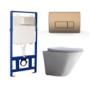 Wall Hung Toilet with Soft Close Toilet Seat, Brushed Bronze Pneumatic Flush Plate, 1168mm Frame & Cistern - Boston