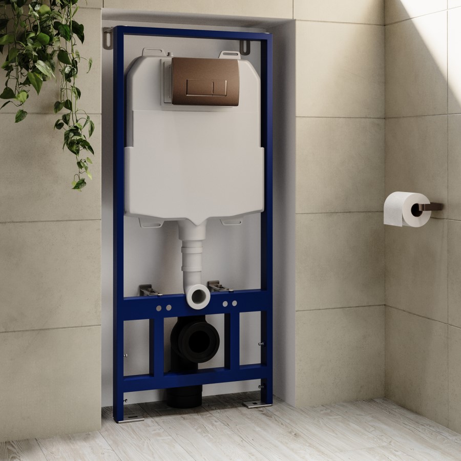 Wall Hung Toilet with Soft Close Toilet Seat, Brushed BronzePneumatic Flush Plate, 1168mm Frame & Cistern - Indiana