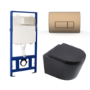 Matt Black Wall Hung Toilet with Soft Close Toilet Seat, Brushed Bronze Pneumatic Flush Plate, 1168mm Frame & Cistern - Newport