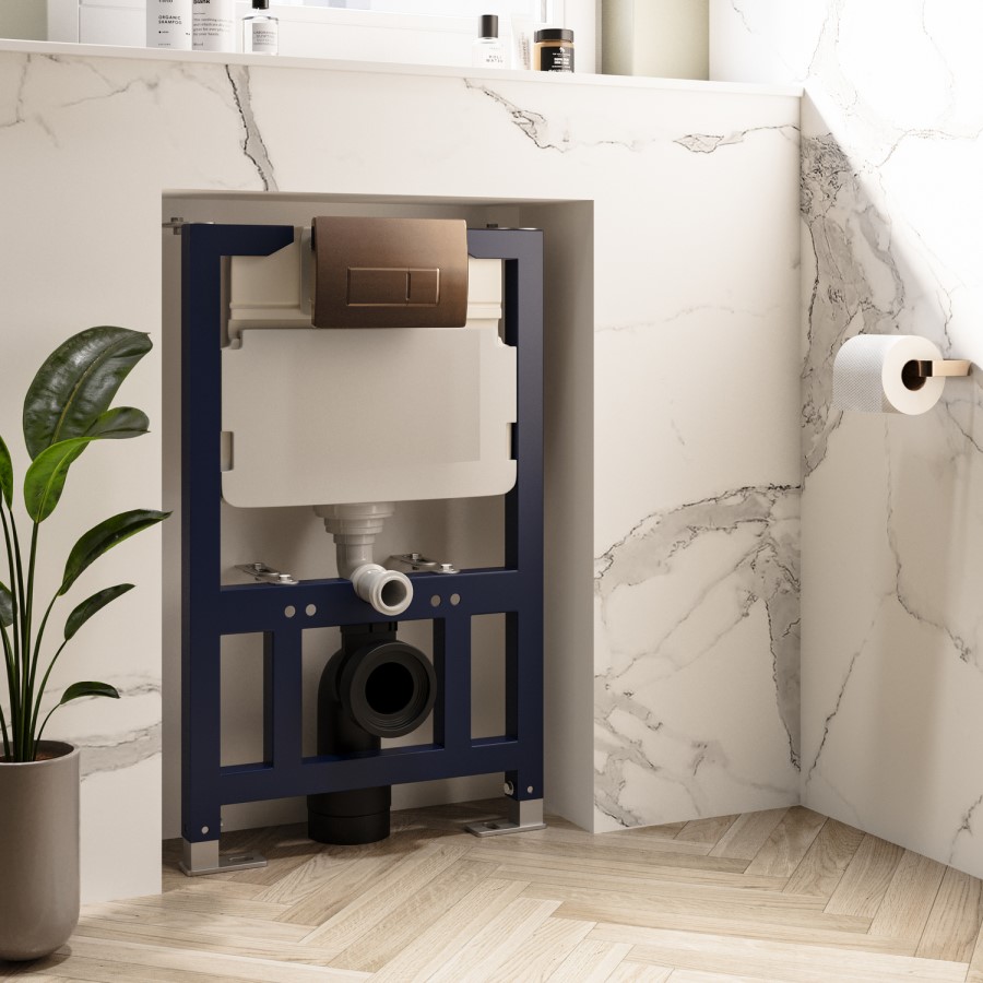 Wall Hung Toilet with Soft Close Toilet Seat, Brushed Bronze Flush Plate, 820mm Frame & Cistern - Albi