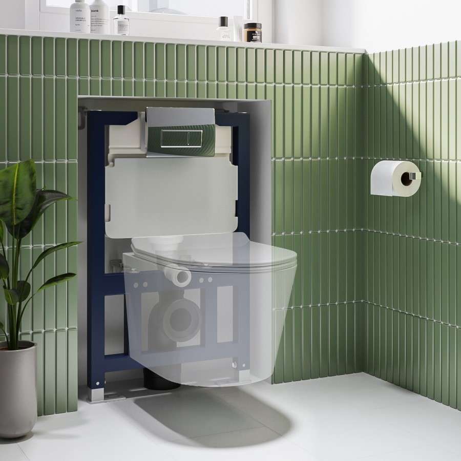 Matt White Wall Hung Toilet with Soft Close Toilet Seat, Brushed Bronze Pneumatic Flush Plate, 820mm Frame & Cistern - Newport