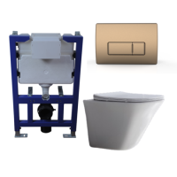Wall Hung Toilet with Soft Close Toilet Seat, Brushed Bronze Pneumatic Flush Plate, 820mm Frame & Cistern - Boston