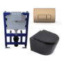 Matt Black Wall Hung Toilet with Soft Close Toilet Seat, Brushed Bronze Pneumatic Flush Plate, 820mm Frame & Cistern - Newport