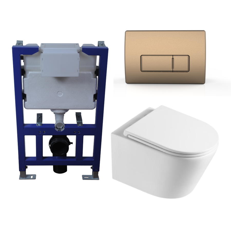 Matt White Wall Hung Toilet with Soft Close Toilet Seat, Brushed Bronze Pneumatic Flush Plate, 820mm Frame & Cistern - Newport
