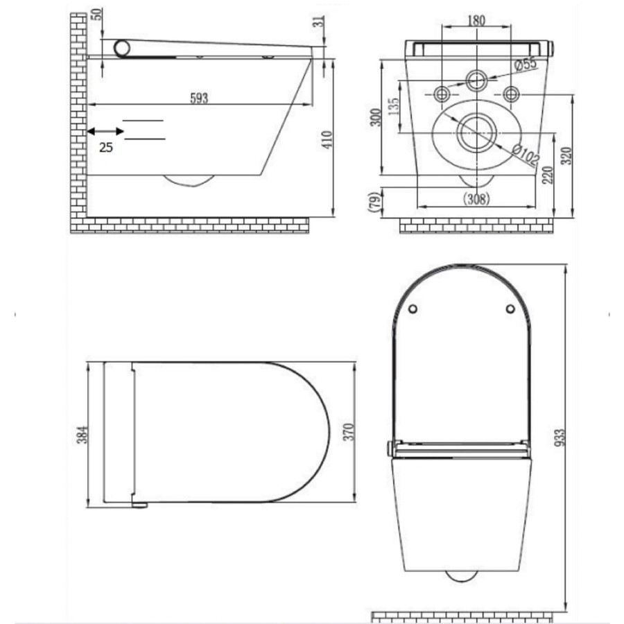 Wall Hung Smart Bidet Toilet with Gunmetal Flush Plate & 820mm Frame & Cistern - Purificare