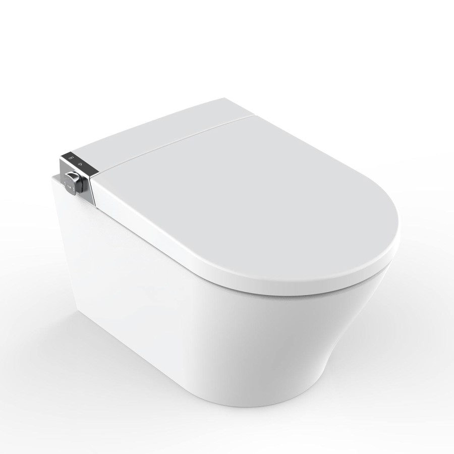 Wall Hung Smart Bidet Toilet with Heated Seat & Gunmtal Pneumatic Flush Plate, 1168mm Frame & Cistern - Purificare