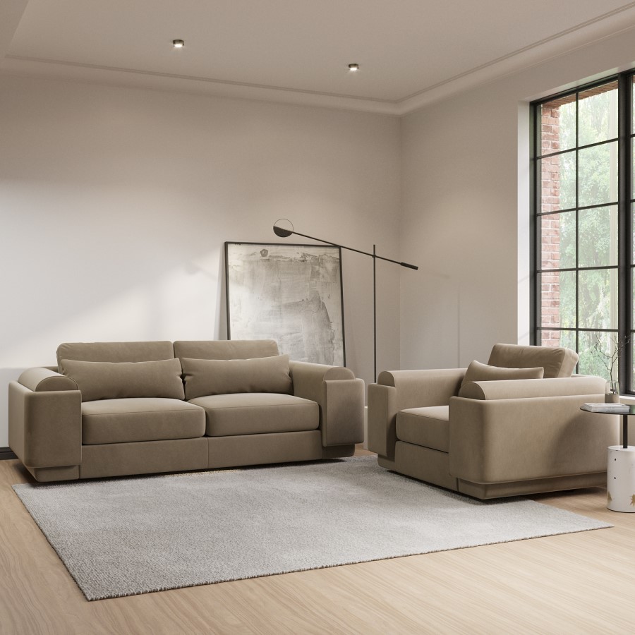 3 Seater Sofa and Armchair Set in Mink Velvet - Elvi