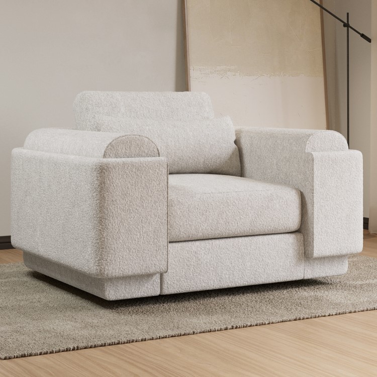 3 Seater Sofa Armchair and Footstool Set in Cream Boucle - Elvi