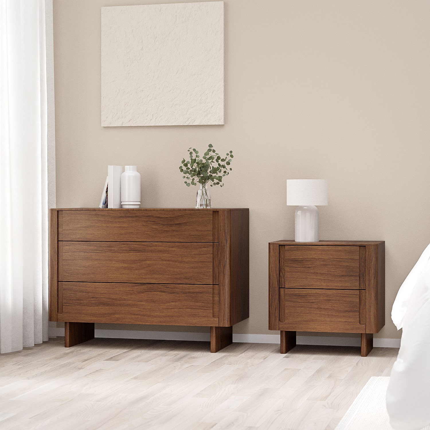 Photo of Dark wood bedside table and chest of drawers set - emile sustainable furniture