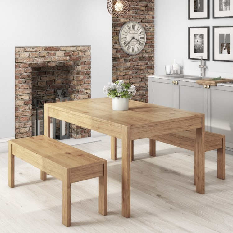 Solid Pine Rectangle Dining Table with 2 Dining Benches - Emerson