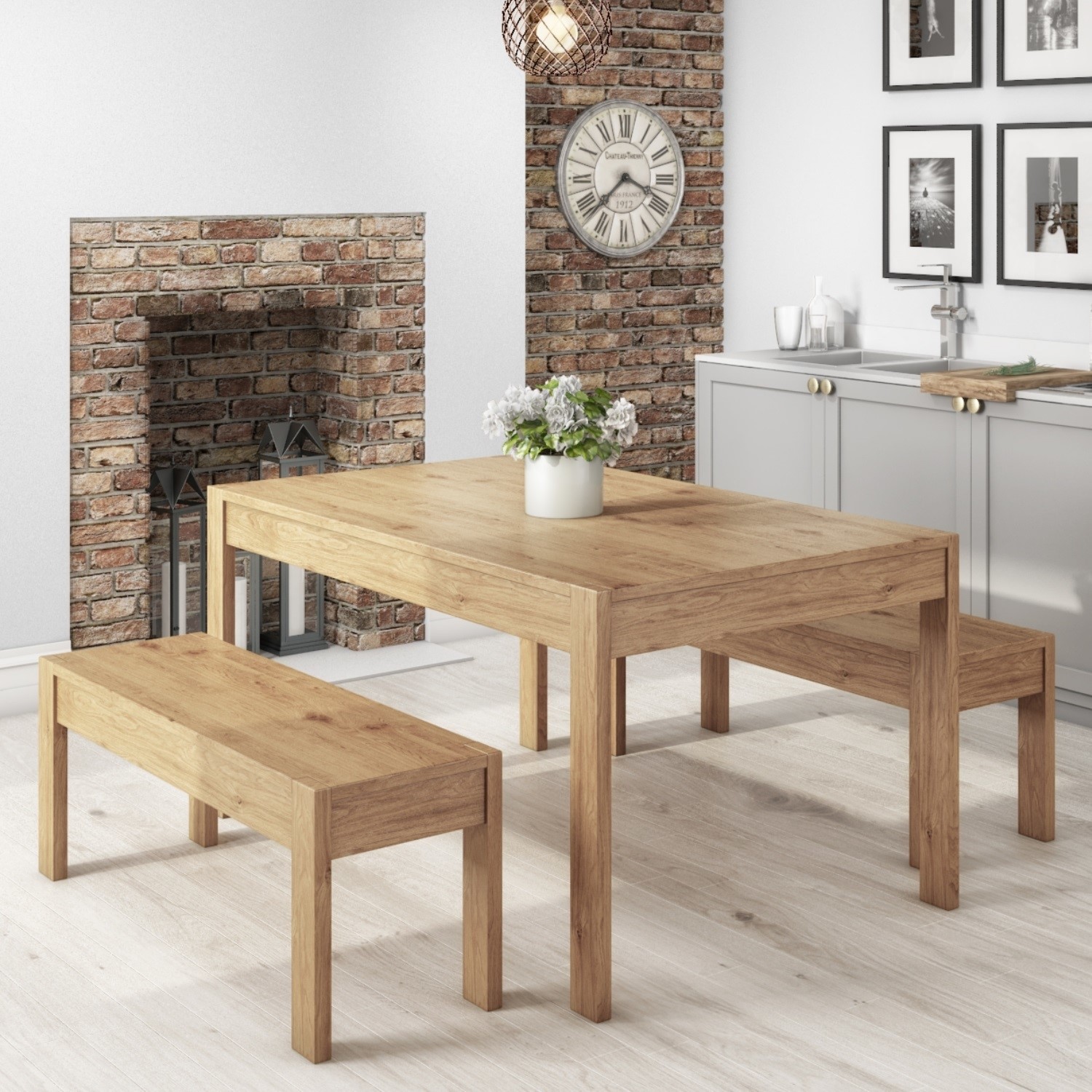 Solid pine rectangle dining table with 2 dining benches emerson £189.