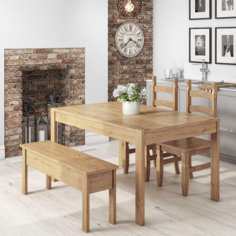 Emerson Solid Pine Rectangle Dining Table with 2 Chairs & 1 Bench