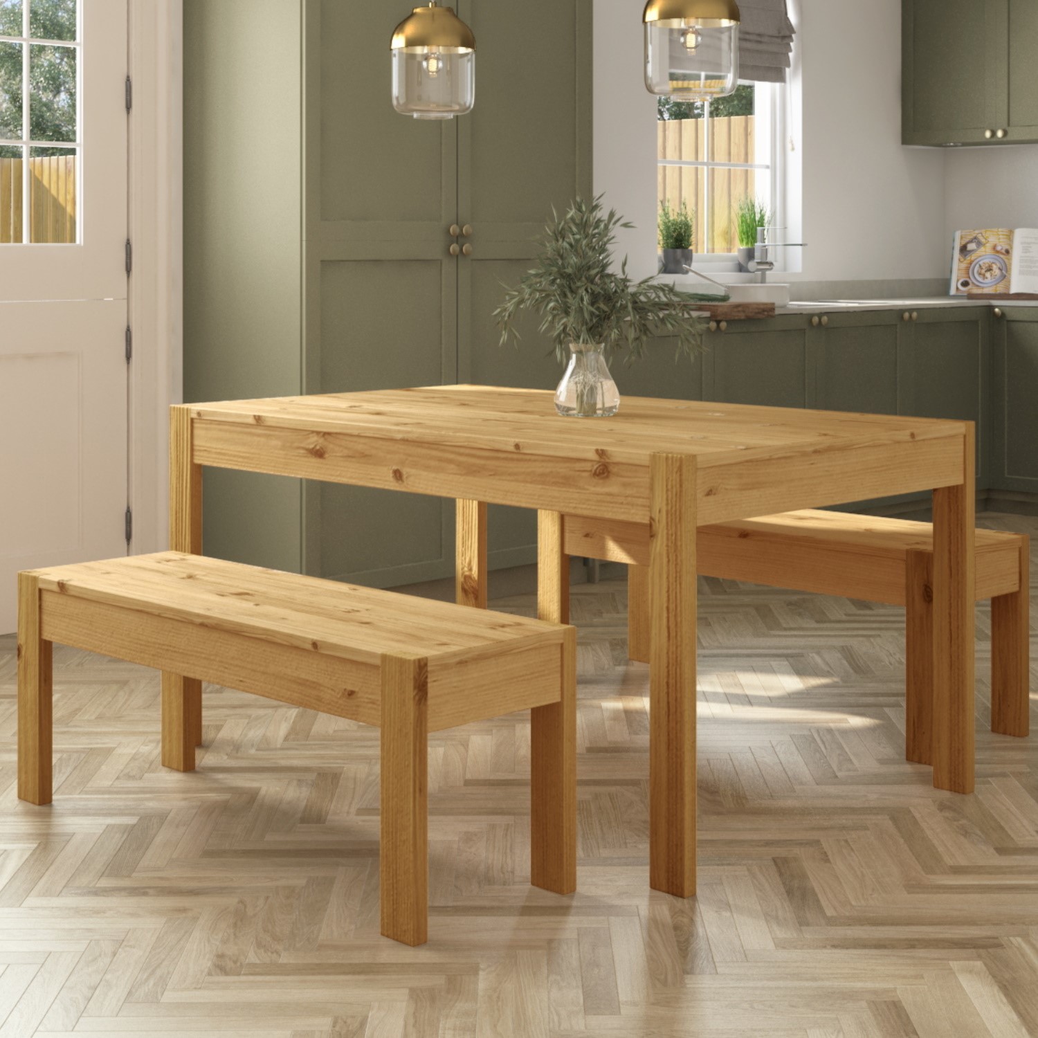 solid pine dining set with 2 matching dining benches - seats 4 - emerson