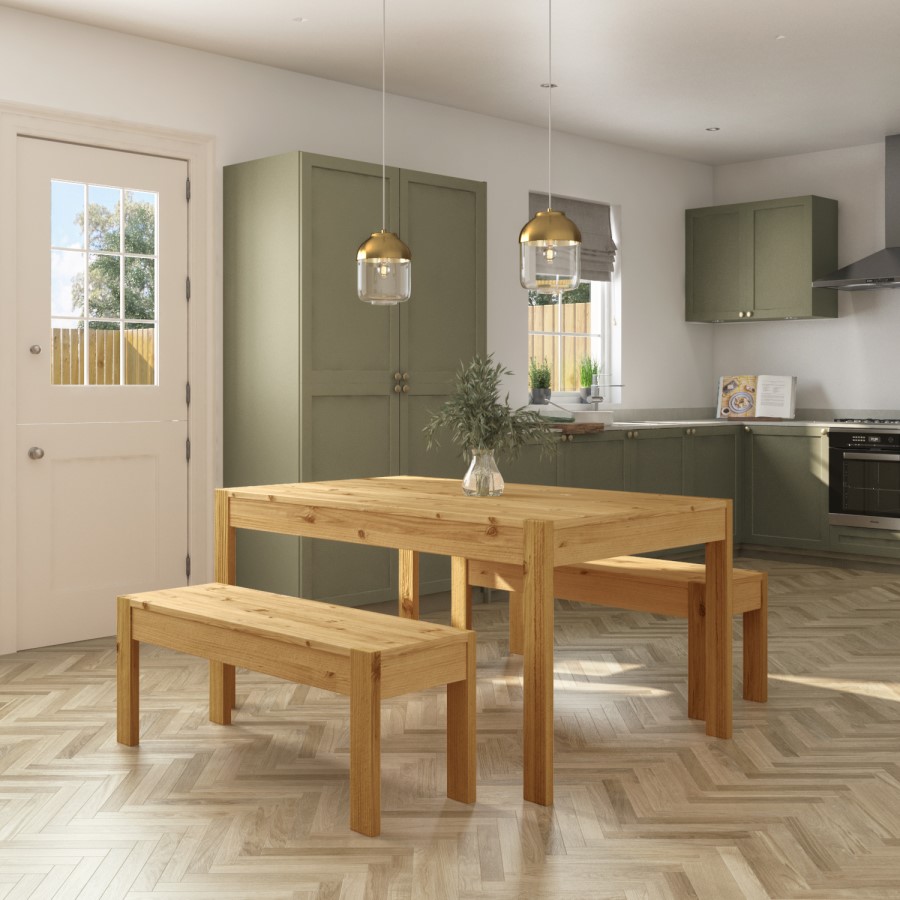 Solid Pine Dining Set with 2 Matching Dining Benches - Seats 4 - Emerson