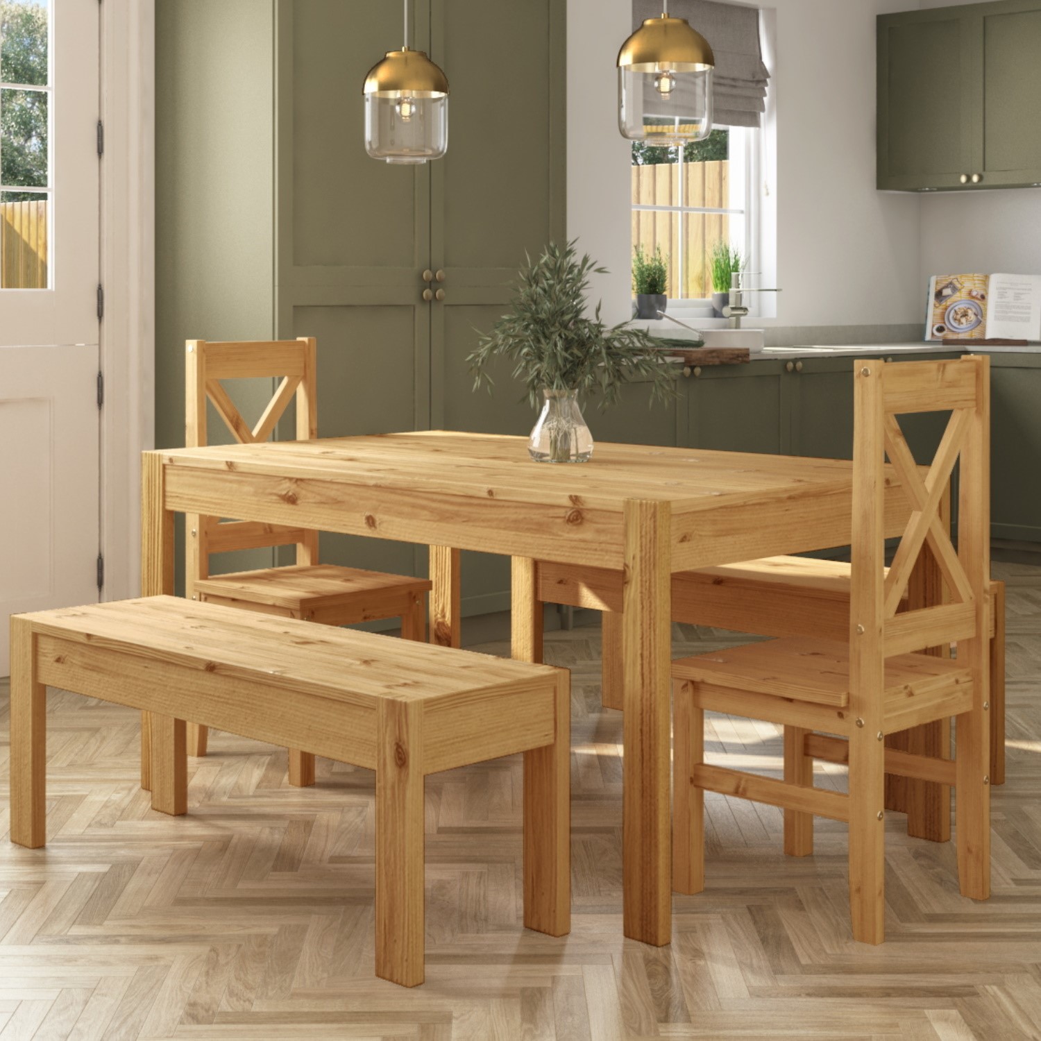 Solid pine rectangle dining table with 2 dining benches Browse over