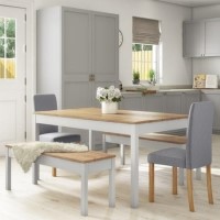 Grey & Solid Pine Dining Table & 2 Grey Chairs & 2 Benches - New Haven