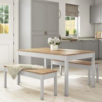 Emerson Grey & Pine Dining Table with 2 Grey Dining Benches