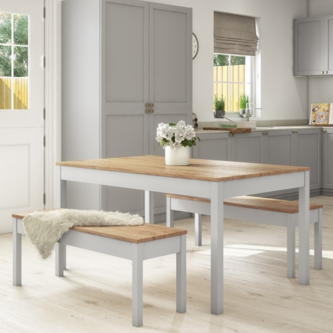 Grey & Solid Pine Dining Table & 2 Benches - Emerson