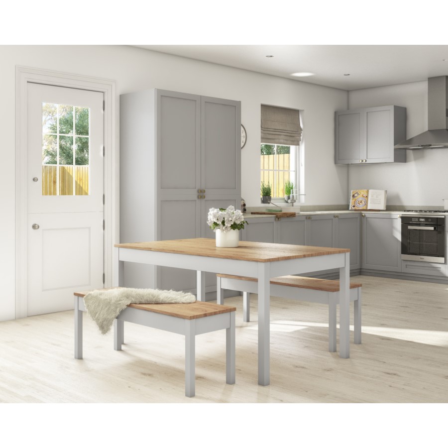 Grey & Solid Pine Dining Table & 2 Benches - Emerson