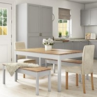 Grey & Solid Pine Dining Set with Table 2 Benches & 2 Cream Velvet - Seats 6 - Emerson