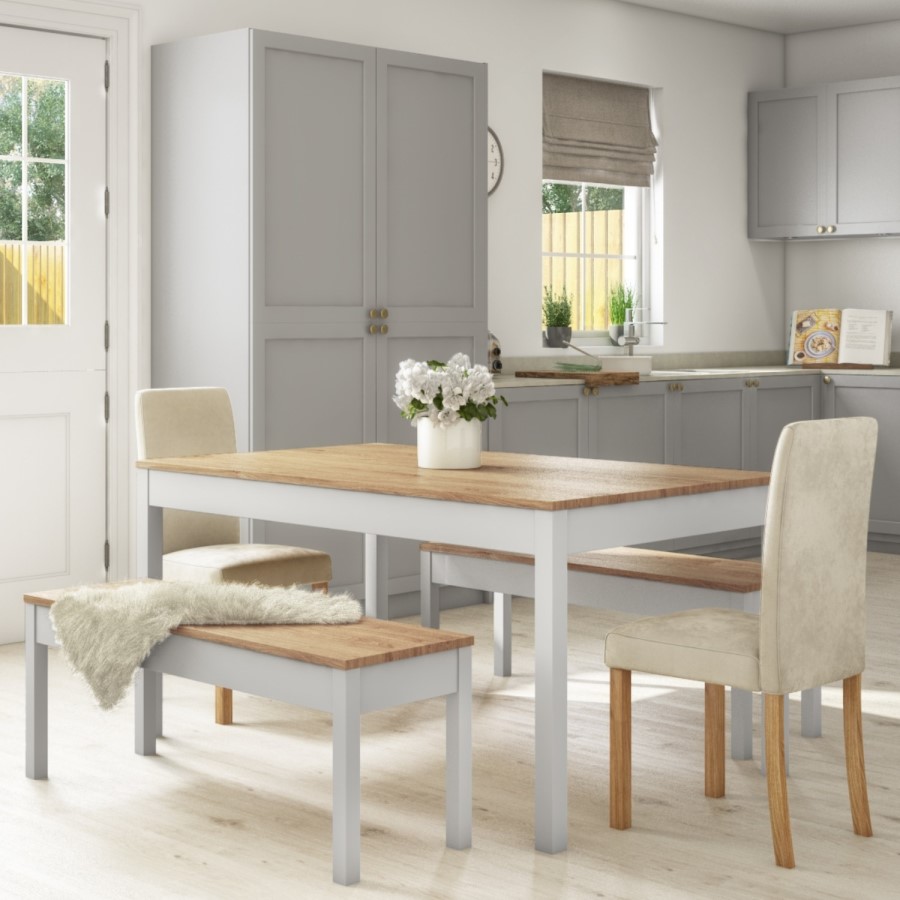Grey & Solid Pine Dining Table & 2 Cream Velvet Chairs & 2 Benches - Emerson