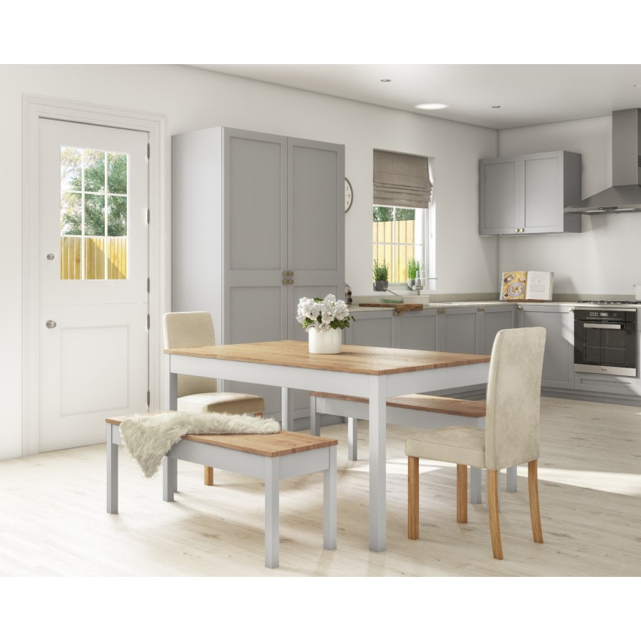 Grey & Solid Pine Dining Table & 2 Cream Velvet Chairs & 2 Benches - Emerson