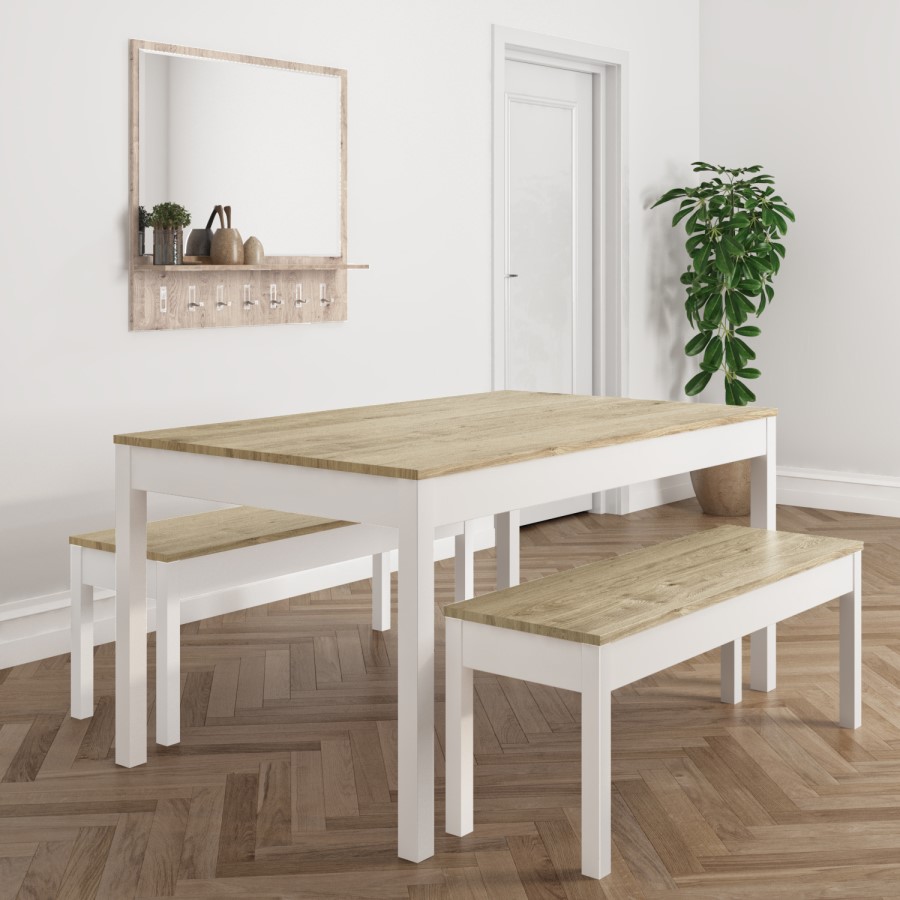 Solid Pine & White Dining Table with 2 Matching Dining Benches - Seats 4 - Emerson