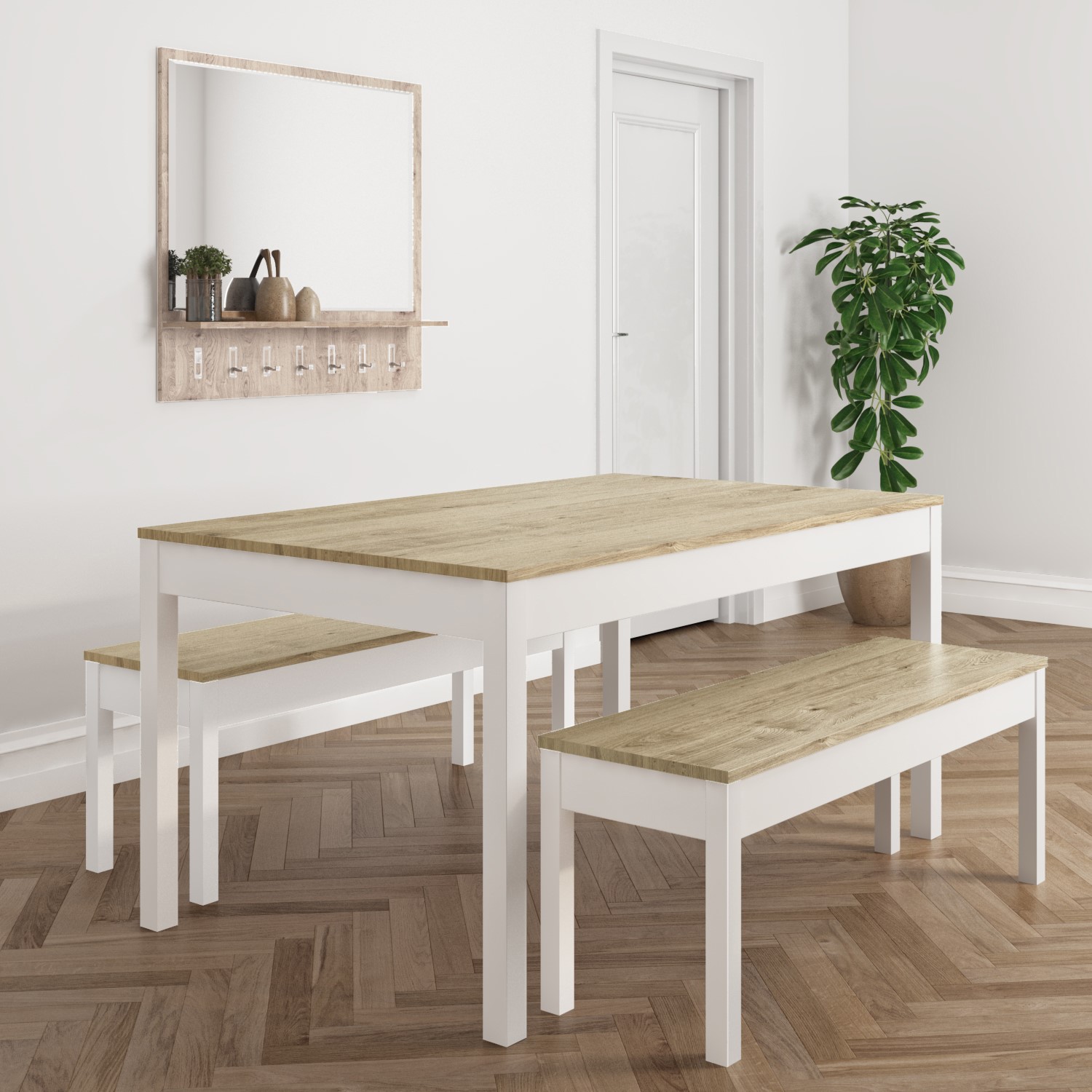 Solid pine rectangle dining table with 2 dining benches Browse over