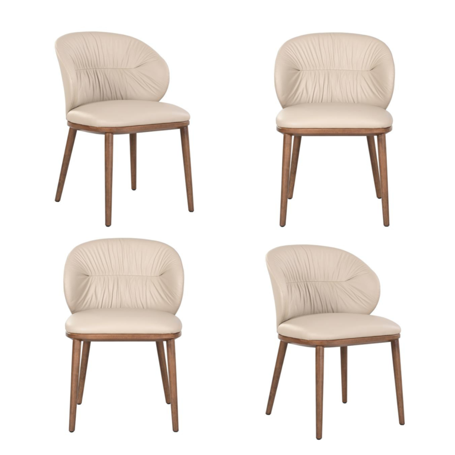 Set of 4 Beige Real Leather Dining Chairs with Walnut Legs - Eren