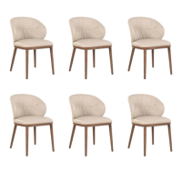 Set of 6 Beige Real Leather Dining Chairs with Walnut Legs - Eren Set of 6 Beige Real Leather Dining Chairs with Walnut Legs - Eren