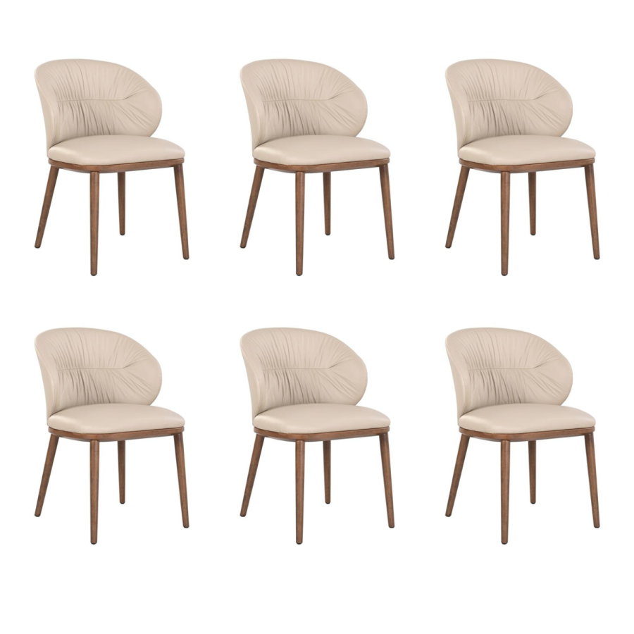 Set of 6 Beige Real Leather Dining Chairs with Walnut Legs - Eren
