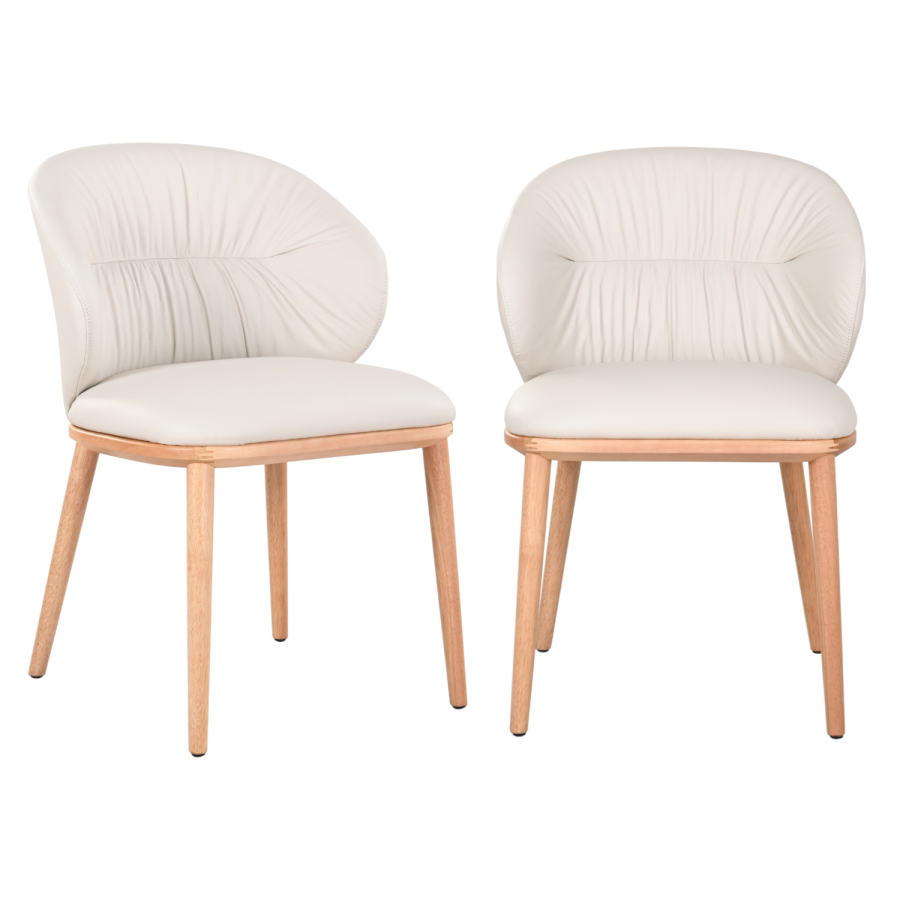 Set of 2 Cream Real Leather Dining Chairs with Oak Legs - Eren