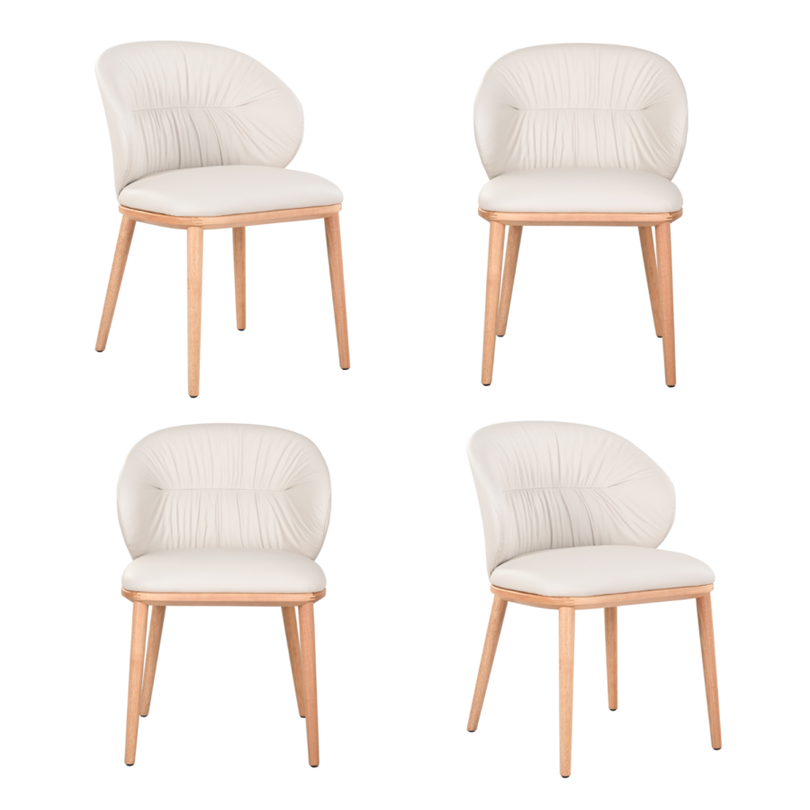 Set of 4 Cream Real Leather Dining Chairs with Oak Legs - Eren