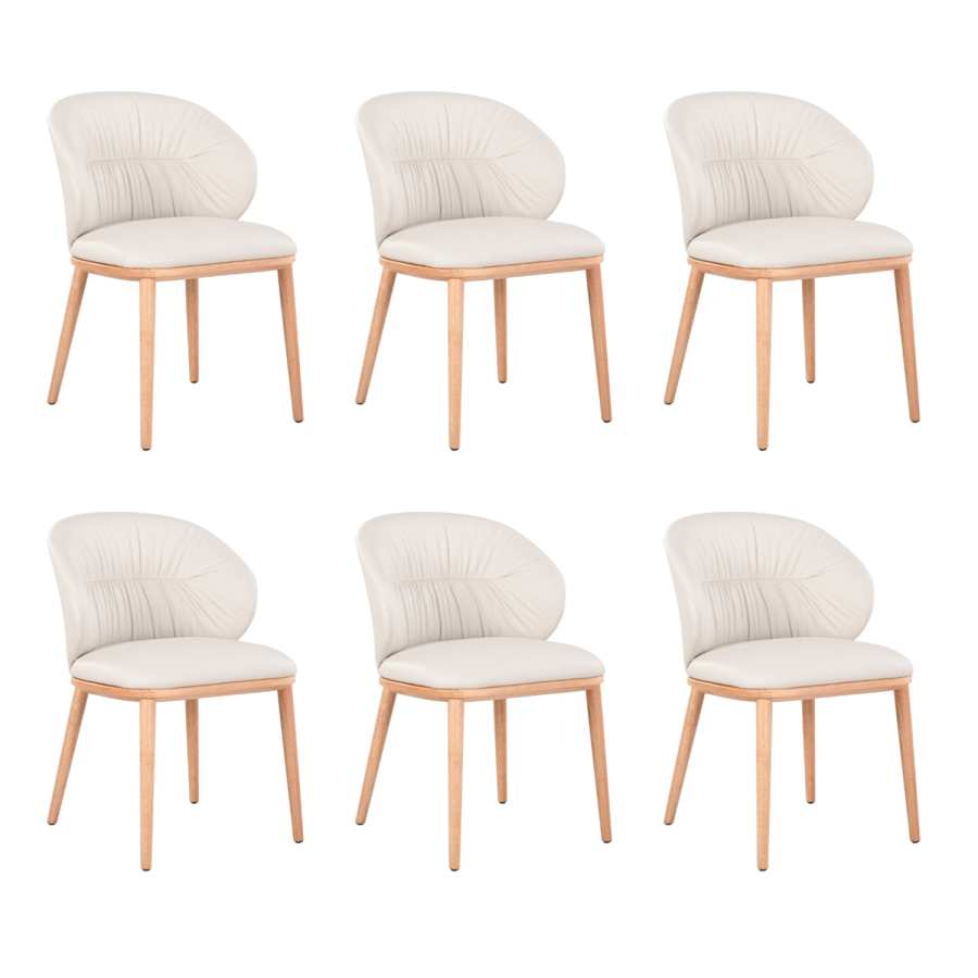 Set of 6 Cream Real Leather Dining Chairs with Oak Legs - Eren