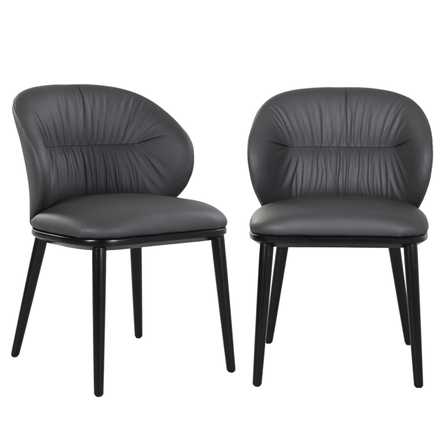 Set of 2 Grey Real Leather Dining Chairs with Black Legs - Eren
